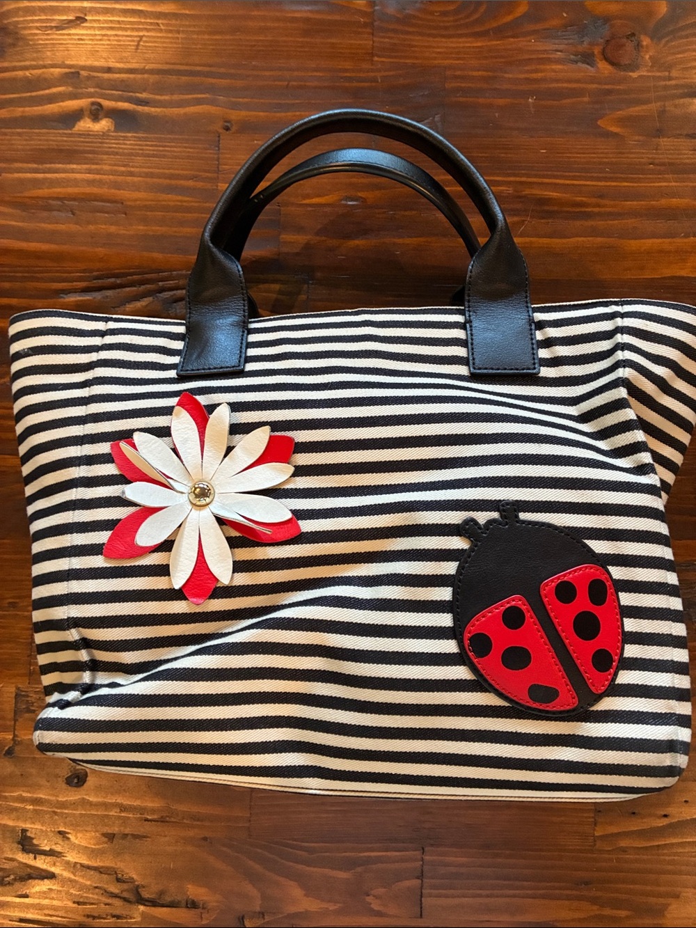Talbots Black and White Striped Tote with Red Flower and Ladybug Accents